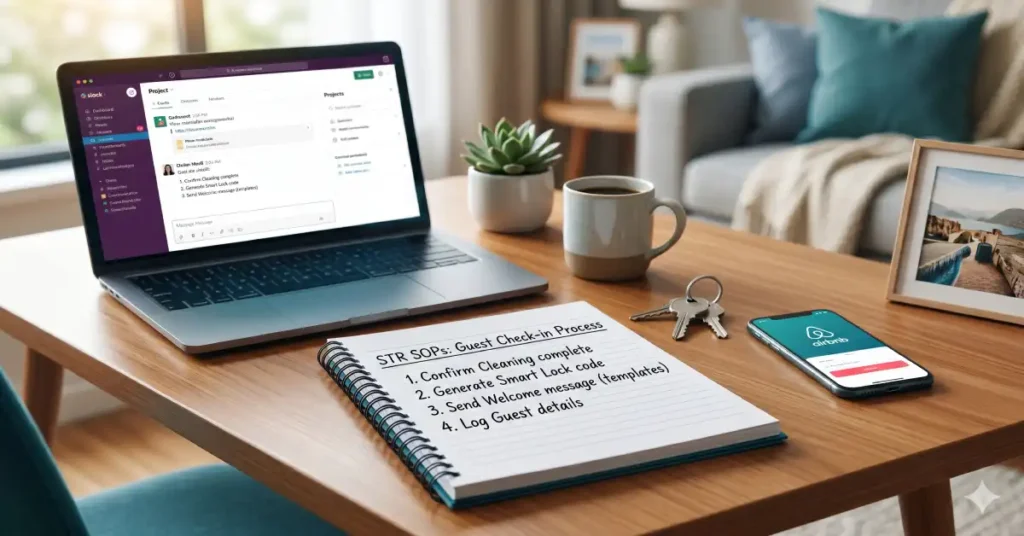 A workspace featuring a notebook with STR SOPs for guest check-ins next to a laptop, representing Airbnb management delegation by STR Super VA.