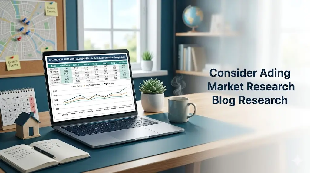 A laptop displaying an STR market research dashboard tracking competitor pricing and local rental trends.