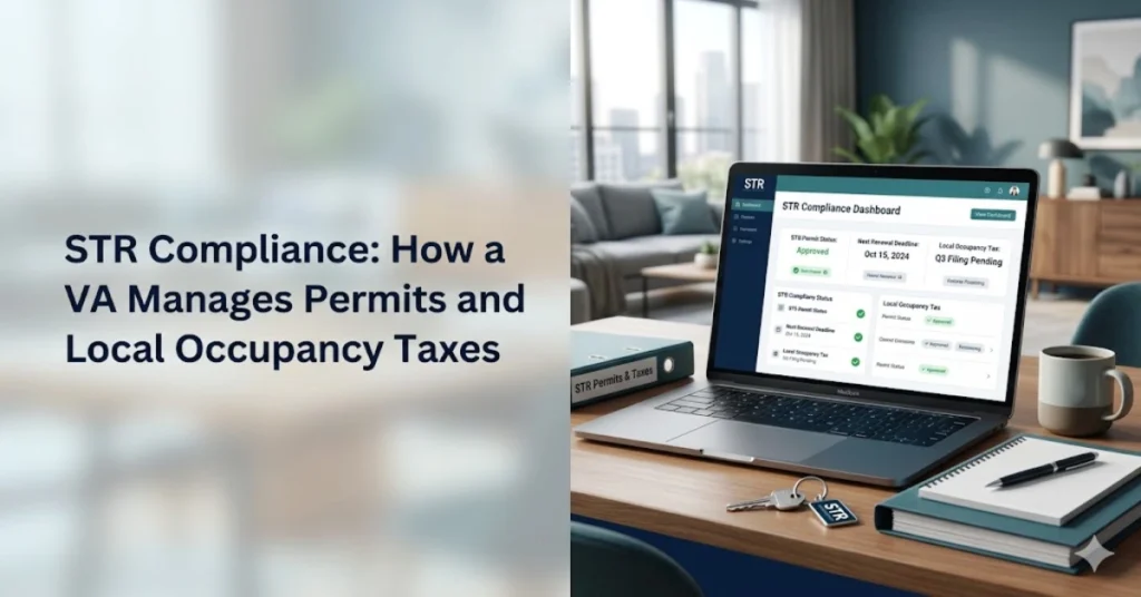 A laptop displaying an STR compliance dashboard for managing short-term rental permits and occupancy taxes.