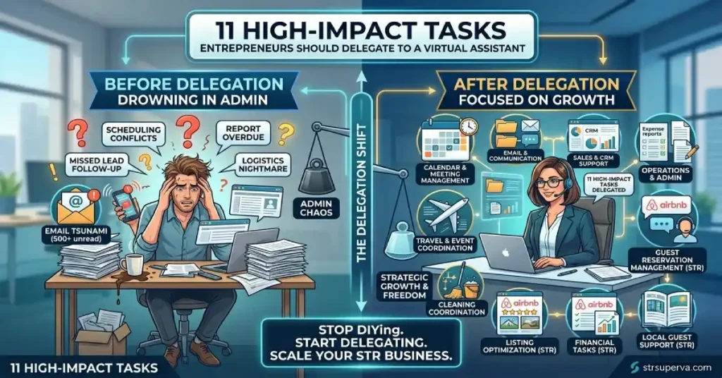 An infographic by strsuperva.com comparing a stressed, overwhelmed DIY entrepreneur to an organized, growth-focused business after delegating 11 admin tasks to an STR Virtual Assistant.
