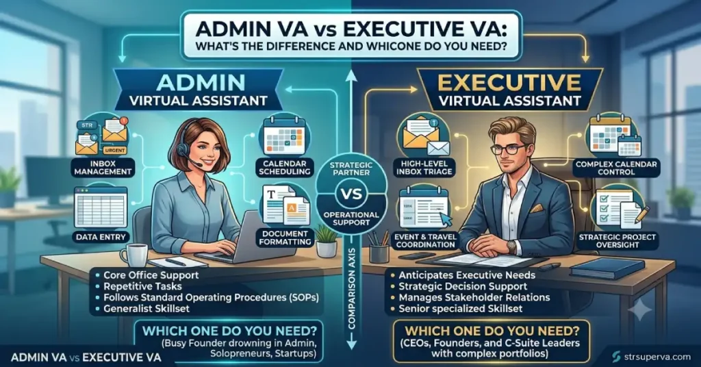 Comparison infographic of Admin VA vs Executive VA tasks by STR Super VA.