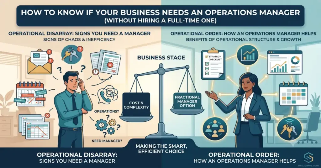 Infographic comparing business operational disarray to the structured growth of hiring a fractional operations manager by STR Super VA.