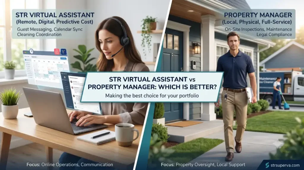 Split-screen comparison of a remote STR virtual assistant versus a local property manager by STR Super VA.