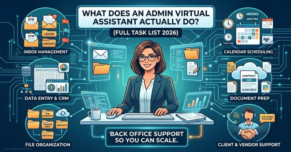 Infographic detailing core admin virtual assistant tasks by STR Super VA.