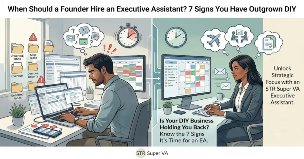 Split-screen illustration comparing a stressed DIY founder with a calm, organized executive assistant by STR Super VA.